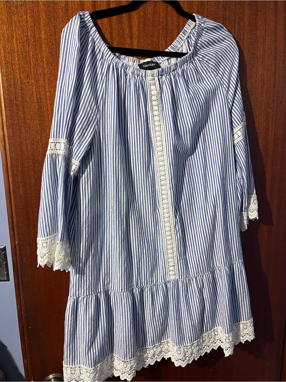Karen Kane Blue & White Striped Lace-Trim Dress